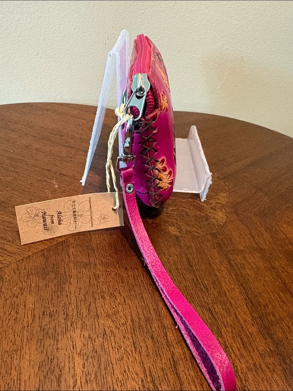 Pink Hawaiian Floral Wristlet Wallet  sunglasses case Leather Fuchsia yw  bk NWT